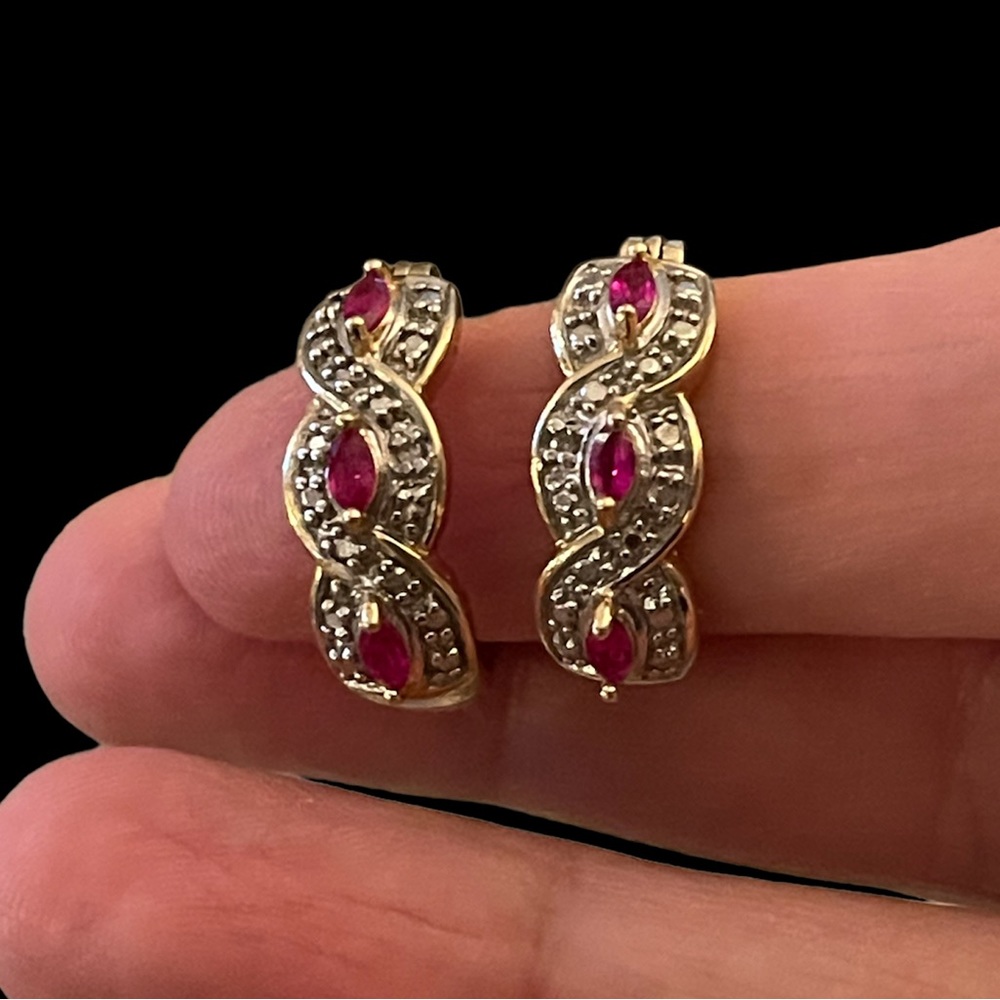 Natural diamond & lab grown ruby gold plated sterling silver earrings - Picture 6 of 12